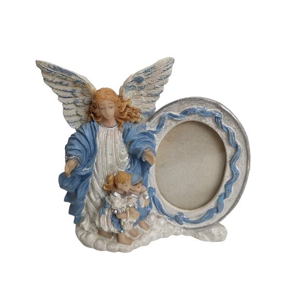 Christmas Décor Ceramic Blue & White Angel w/ Children Small Oval Photo Frame - Picture 1 of 9